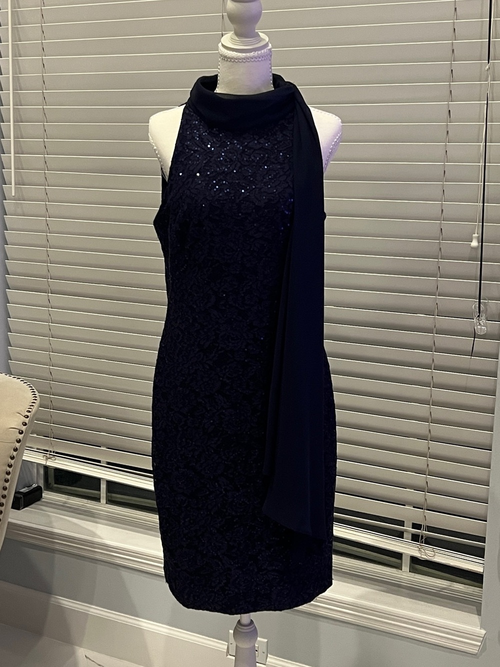 Vince Camuto Navy Lace Halter Midi Dress with Scarf